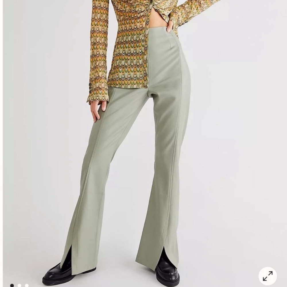 Free People We The Free Real Deal Slit Faux Leather High Rise Flare Pants Green - Picture 1 of 10